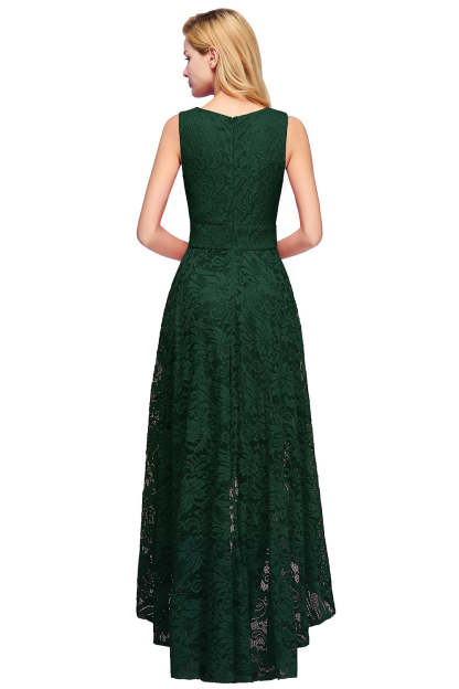 High Low A line V neck Sleeveless Lace Formal Dress - YESBABYONLINE