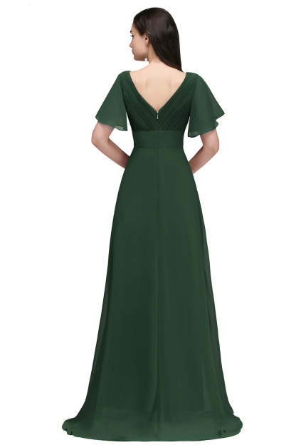 A Line Poet Sleeves Ruffle Chiffon V-Neck Long Bridesmaid Dress - YESBABYONLINE