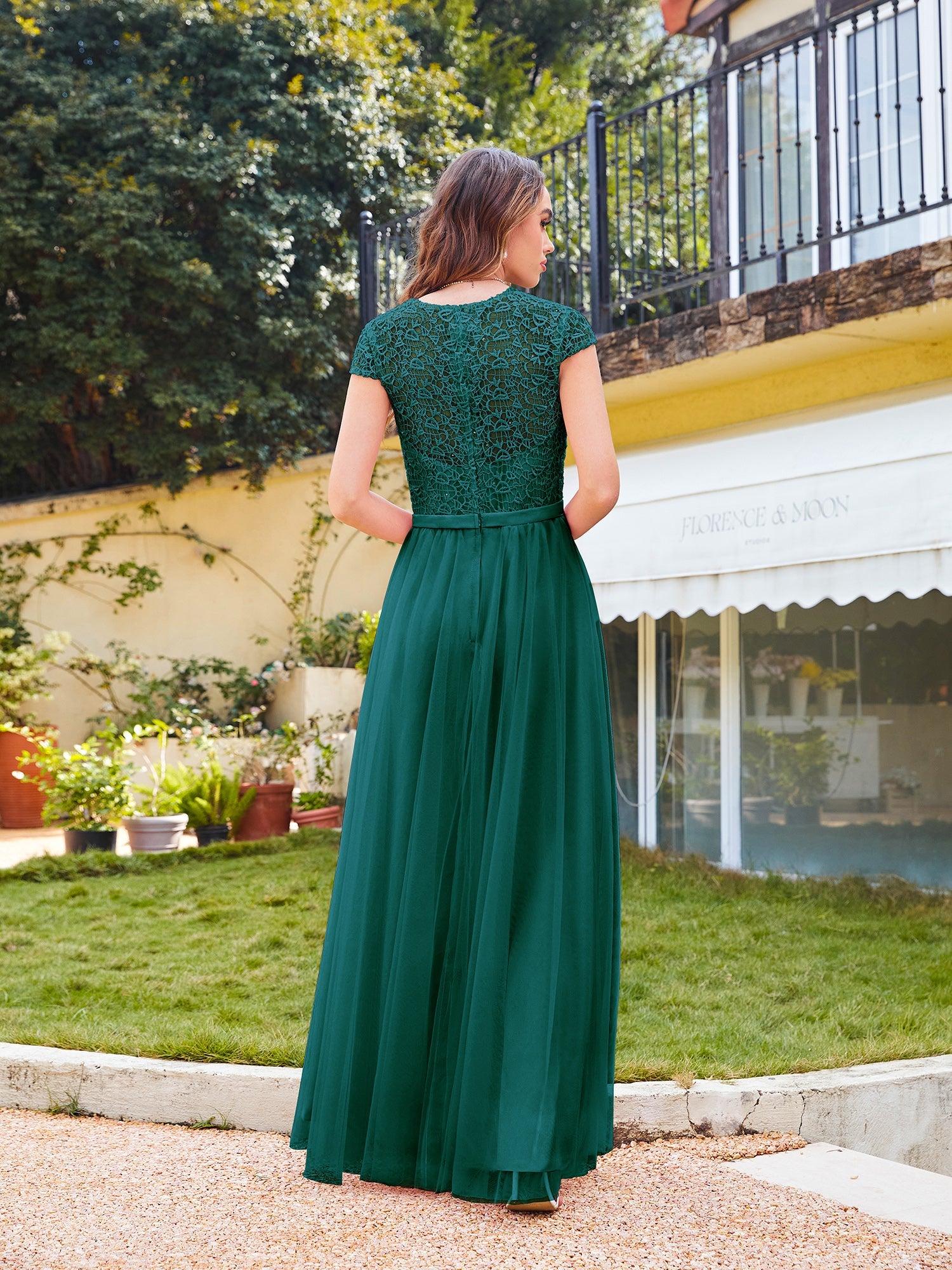 Long A line Evening Dress Scoop Neck Tulle Bridesmaid Dresses - YESBABYONLINE