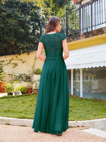 Long A line Evening Dress Scoop Neck Tulle Bridesmaid Dresses - YESBABYONLINE