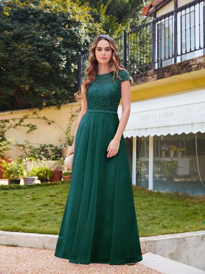Long A line Evening Dress Scoop Neck Tulle Bridesmaid Dresses - YESBABYONLINE