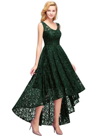 High Low A line U Neck Sleeveless Lace Formal Dress - YESBABYONLINE