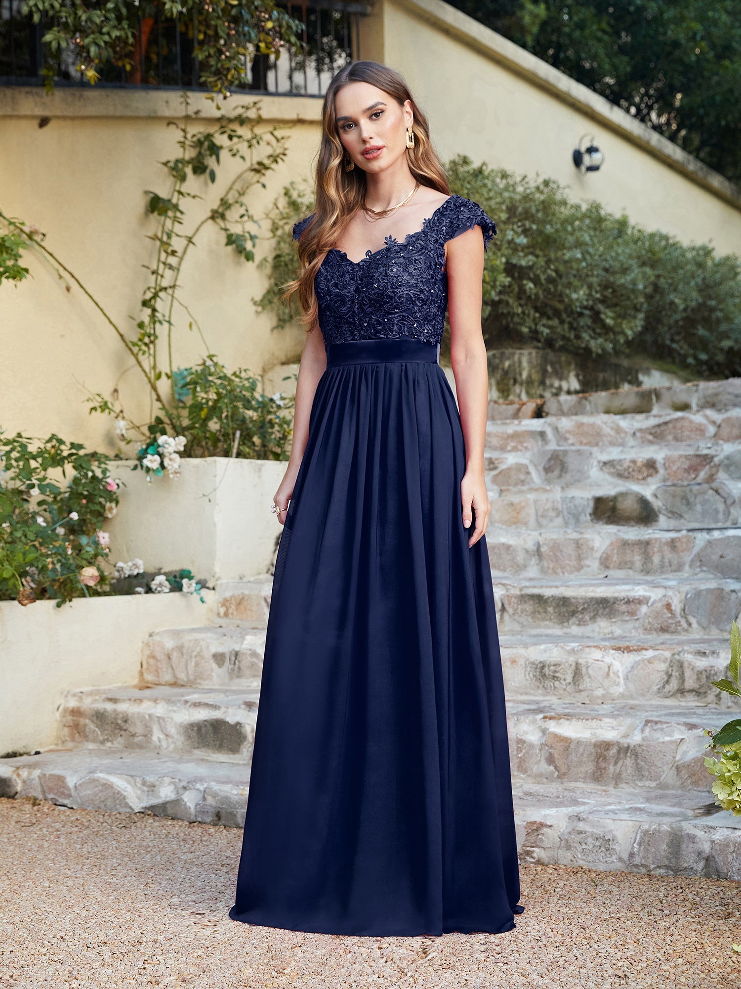 Long A line Scoop Neck Chiffon Floor Length Dress Lace Bridesmaid Dress - YESBABYONLINE