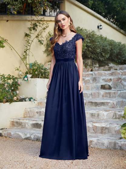 Long A line Scoop Neck Chiffon Floor Length Dress Lace Bridesmaid Dress - YESBABYONLINE