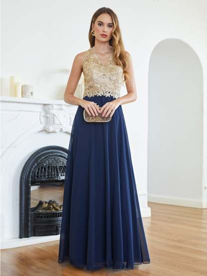 Long A Line Halter Gold Appliques Chiffon Wedding Party Dress - YESBABYONLINE