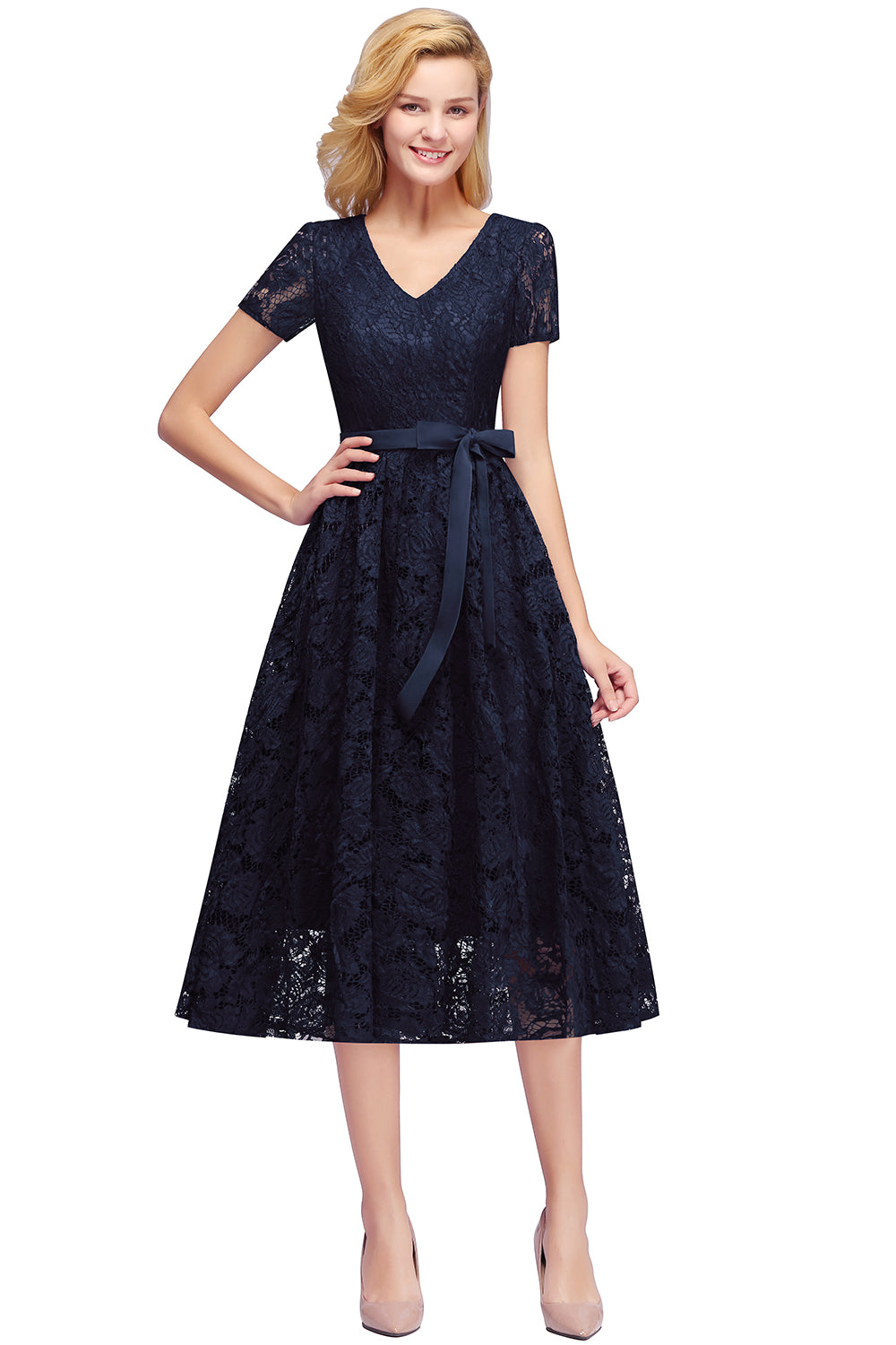 V Neck A Line Tea Length Floral Lace Formal Dress with Sleeves - YESBABYONLINE