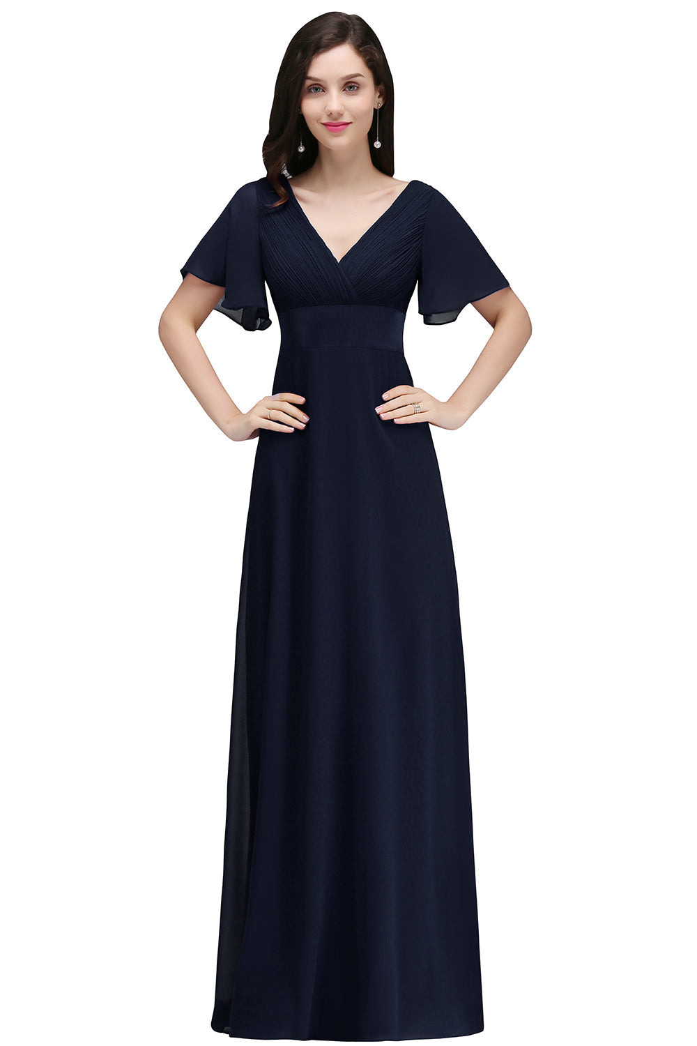 A Line Poet Sleeves Ruffle Chiffon V-Neck Long Bridesmaid Dress - YESBABYONLINE