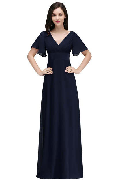 A Line Poet Sleeves Ruffle Chiffon V-Neck Long Bridesmaid Dress - YESBABYONLINE
