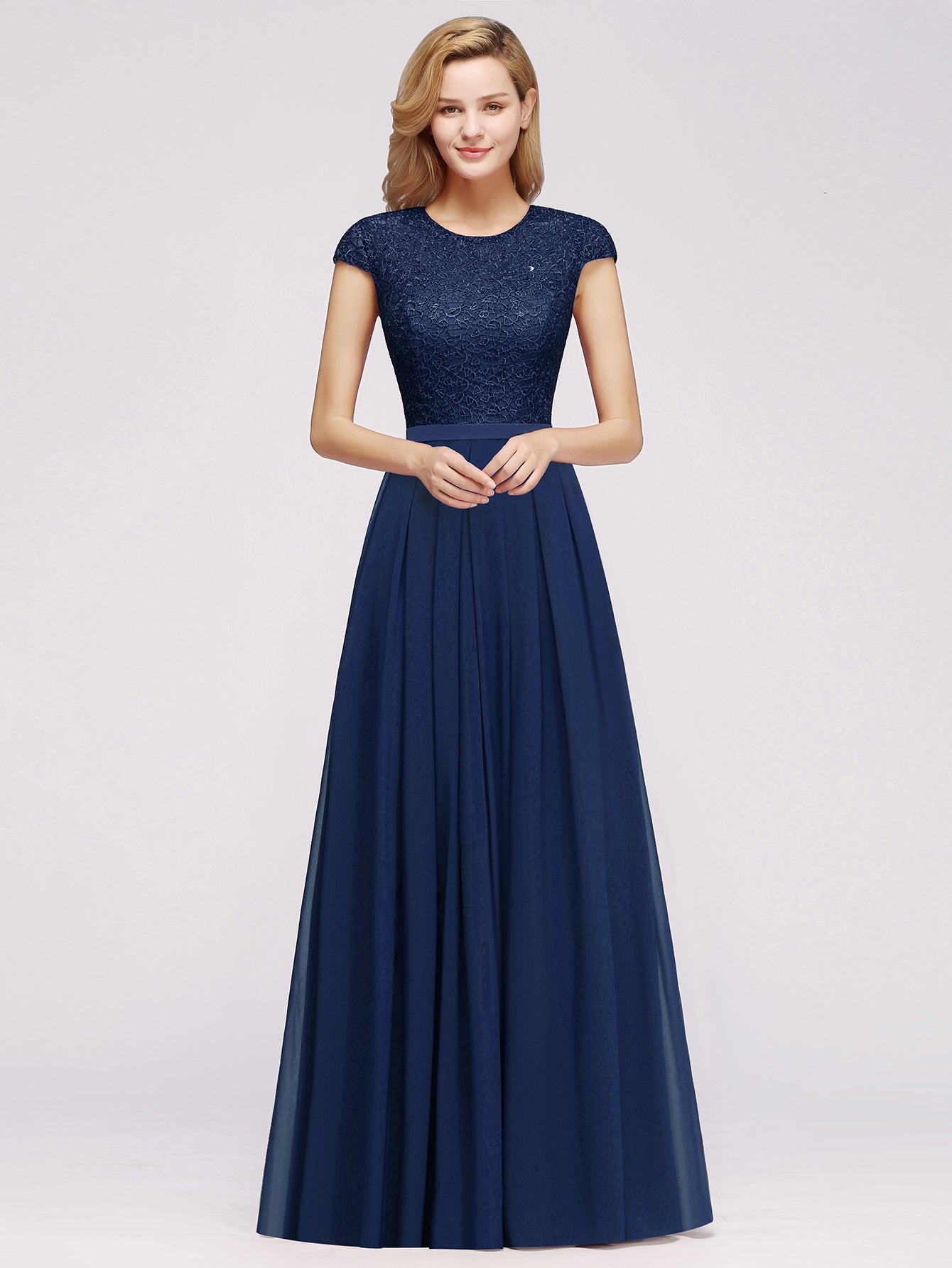 Long A-line Tulle Floral Lace Bridesmaid Dress with Cap Sleeves - YESBABYONLINE