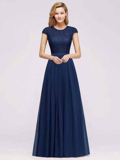 Long A-line Tulle Floral Lace Bridesmaid Dress with Cap Sleeves - YESBABYONLINE