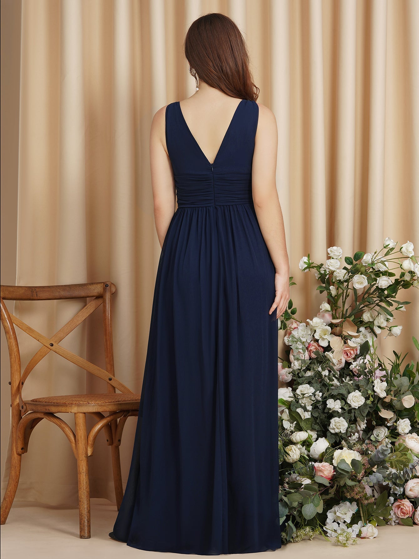 Long Chiffon V Neck Off The Shoulder Ruffle Floor Length Bridesmaid Dress - YESBABYONLINE