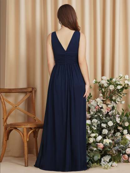 Long Chiffon V Neck Off The Shoulder Ruffle Floor Length Bridesmaid Dress - YESBABYONLINE