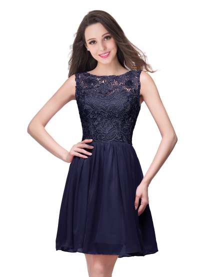 Short A line Lace Sleeveless Chiffon Homecoming Dress - YESBABYONLINE