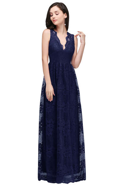 Long A Line Lace V Neck Sleveless Floor Length Evening Dress - YESBABYONLINE