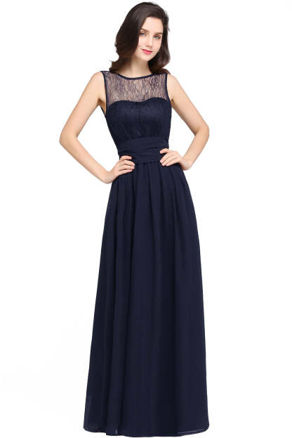 Long Off The Shoulder Round Neck Chiffon Bridesmaid Dress with Floral Lace and Ruffle - YESBABYONLINE