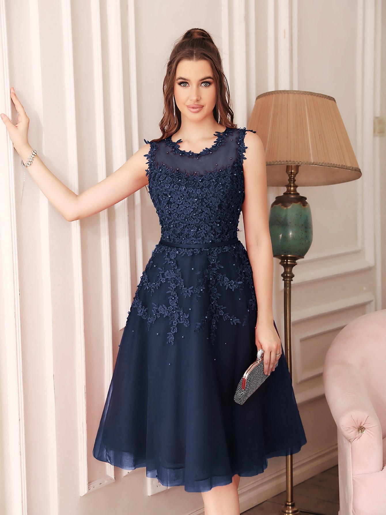 Short A Line Sleeveless Crew Neck Tulle Lace Formal Dress - YESBABYONLINE