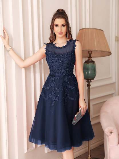 Short A Line Sleeveless Crew Neck Tulle Lace Formal Dress - YESBABYONLINE