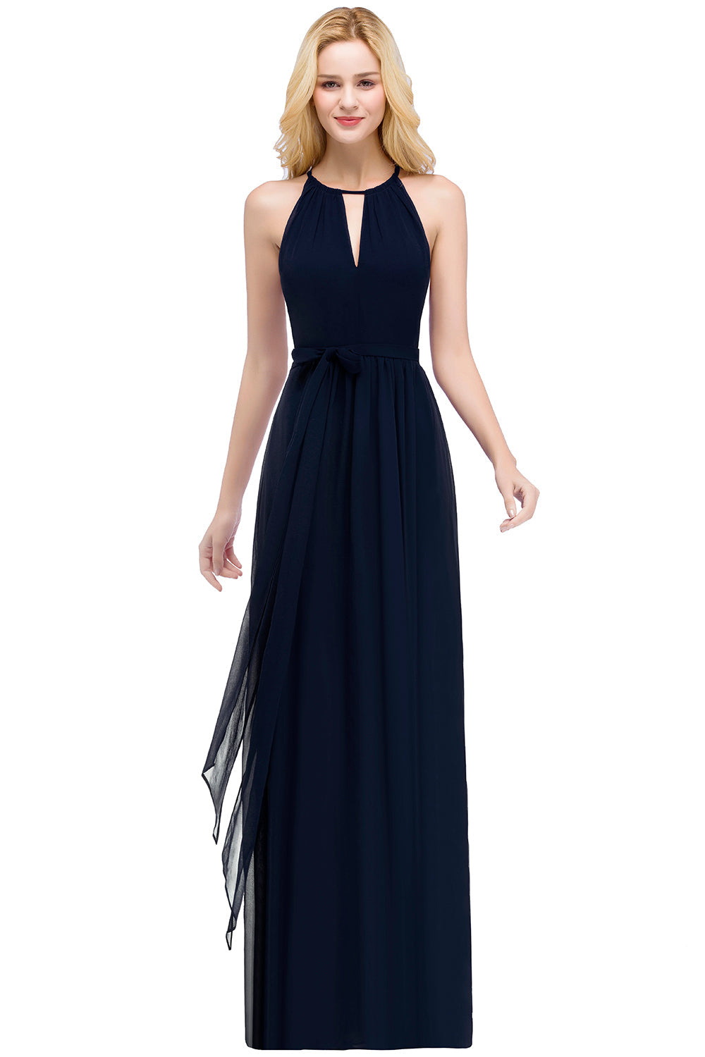 Long A line Halter Chiffon Ruffle Floor Length Bridesmaid Dress - YESBABYONLINE