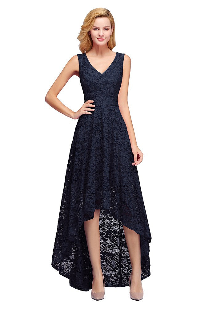 High Low A line V neck Sleeveless Lace Formal Dress - YESBABYONLINE