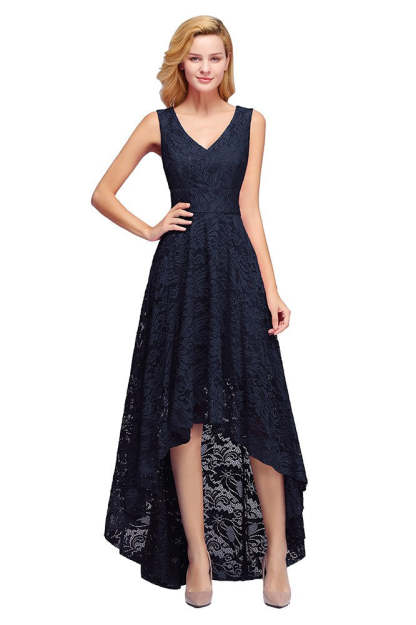 High Low A line V neck Sleeveless Lace Formal Dress - YESBABYONLINE