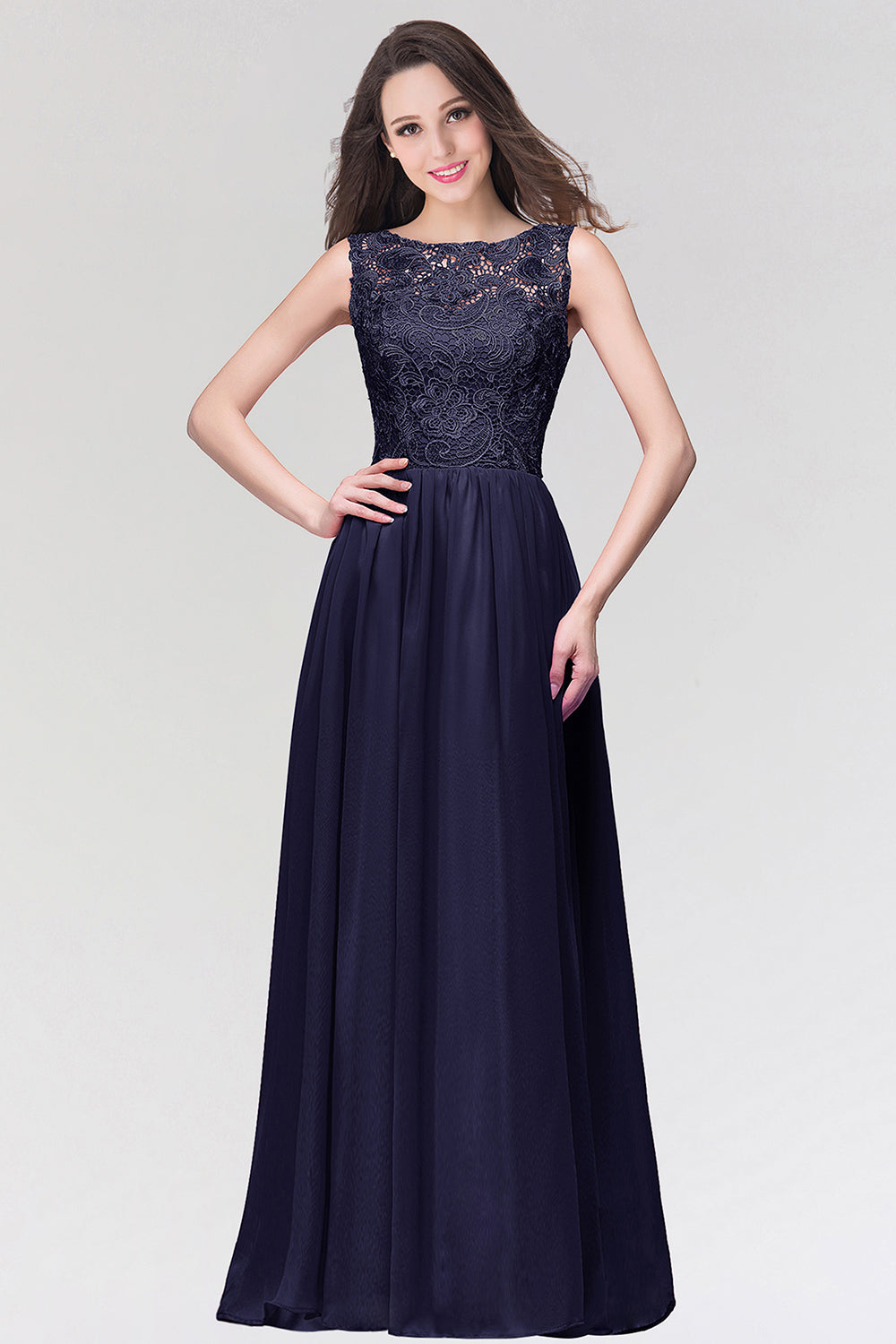 Long Chiffon Lace Sleeveless A Line Ruched Bridesmaid Dress - YESBABYONLINE
