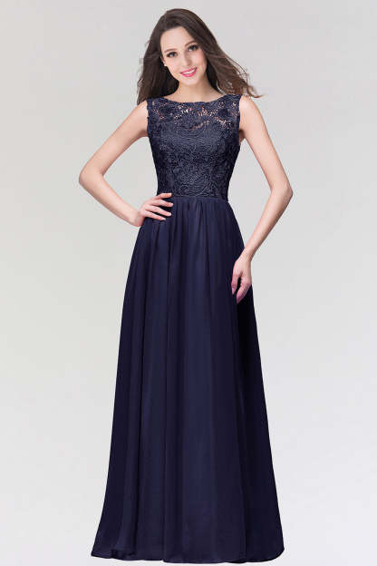 Long Chiffon Lace Sleeveless A Line Ruched Bridesmaid Dress - YESBABYONLINE