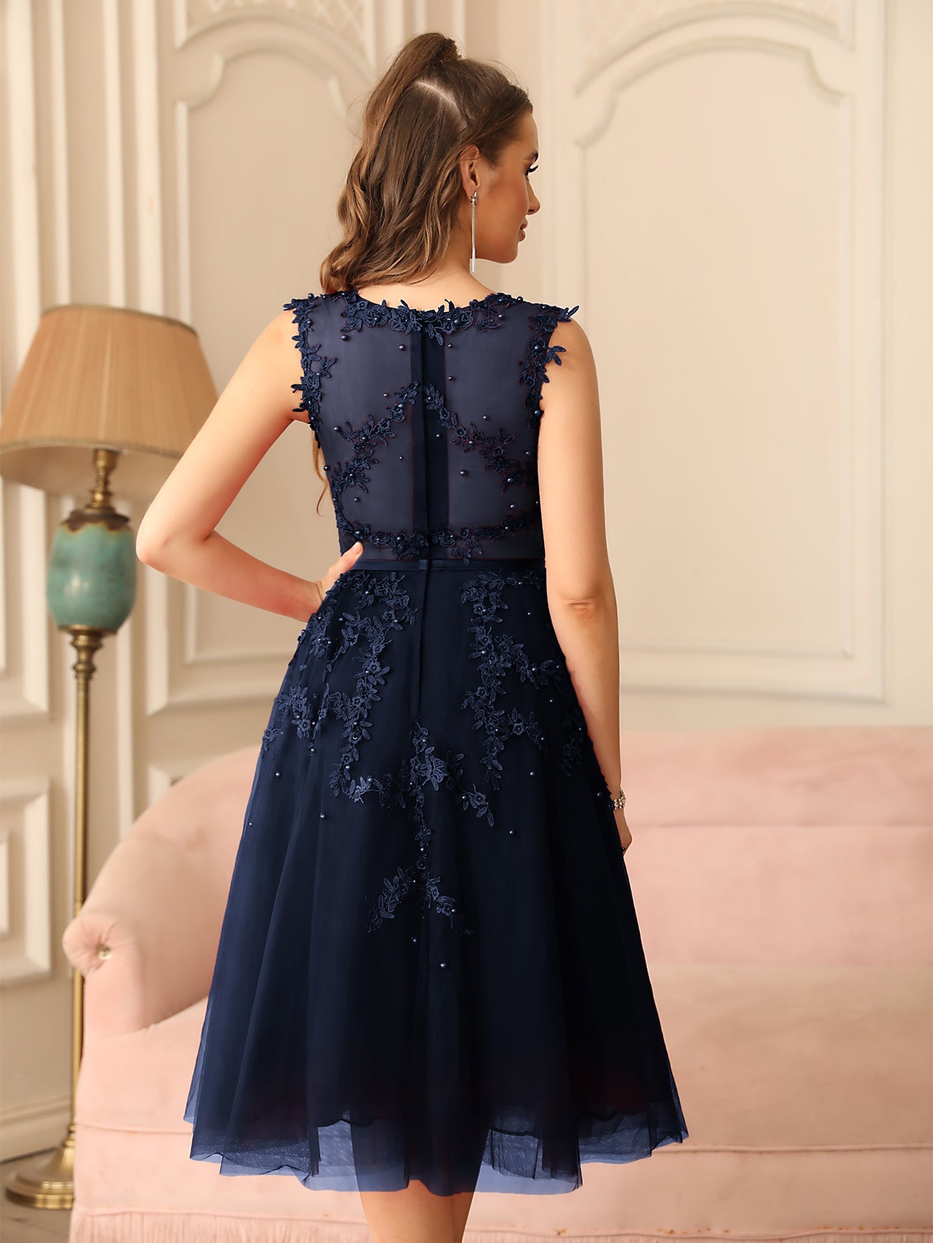 Short A Line Sleeveless Crew Neck Tulle Lace Formal Dress - YESBABYONLINE
