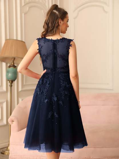 Short A Line Sleeveless Crew Neck Tulle Lace Formal Dress - YESBABYONLINE