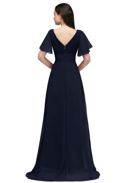 A Line Poet Sleeves Ruffle Chiffon V-Neck Long Bridesmaid Dress - YESBABYONLINE