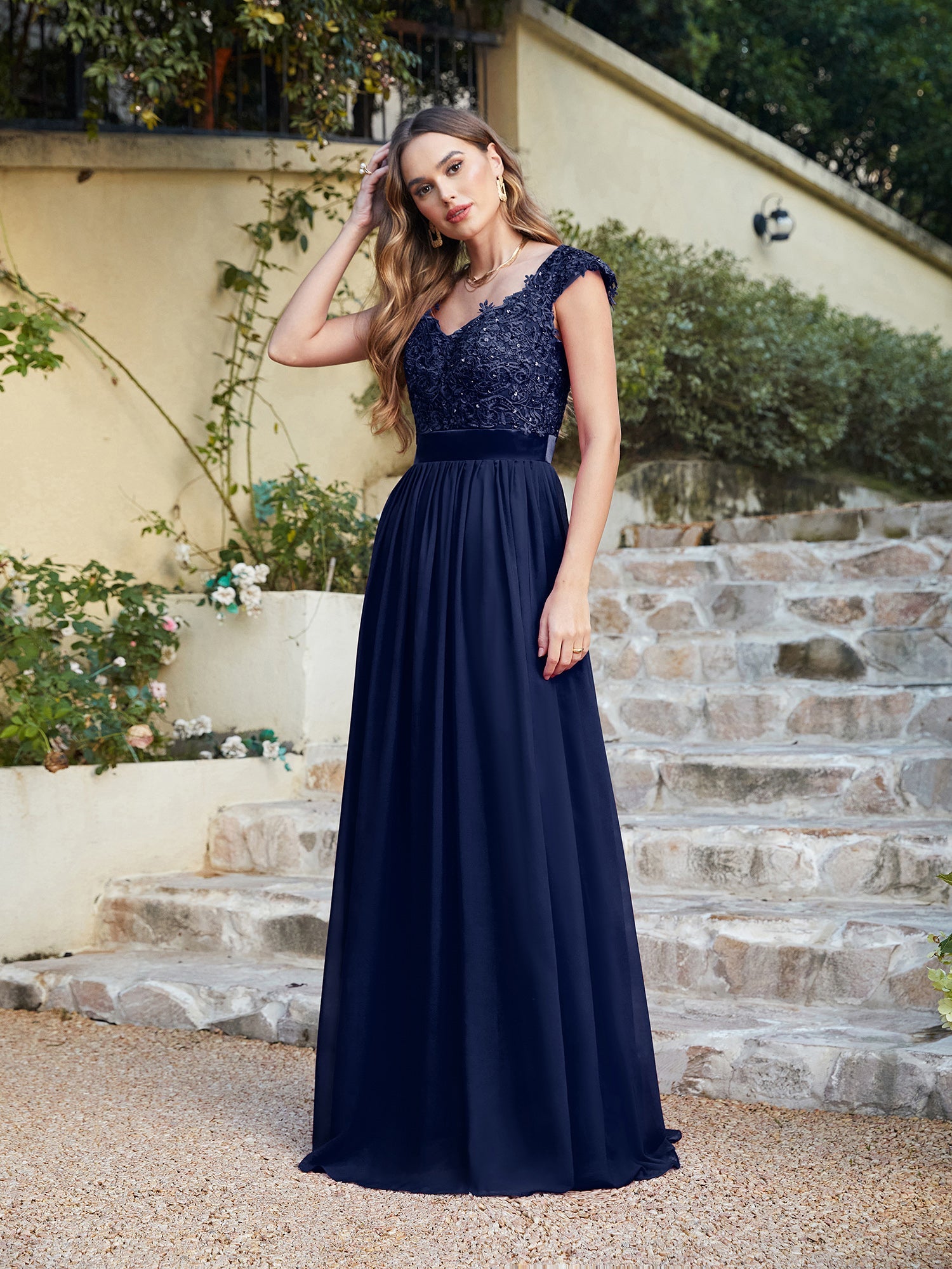 Long A line Scoop Neck Chiffon Floor Length Dress Lace Bridesmaid Dress - YESBABYONLINE