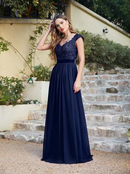 Long A line Scoop Neck Chiffon Floor Length Dress Lace Bridesmaid Dress - YESBABYONLINE