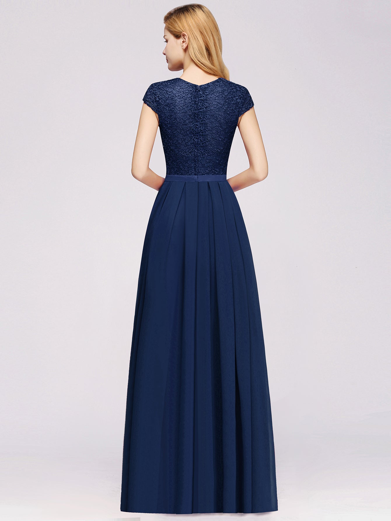 Long A-line Tulle Floral Lace Bridesmaid Dress with Cap Sleeves - YESBABYONLINE