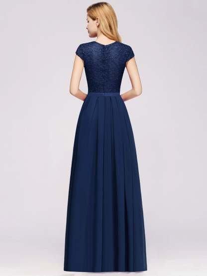 Long A-line Tulle Floral Lace Bridesmaid Dress with Cap Sleeves - YESBABYONLINE
