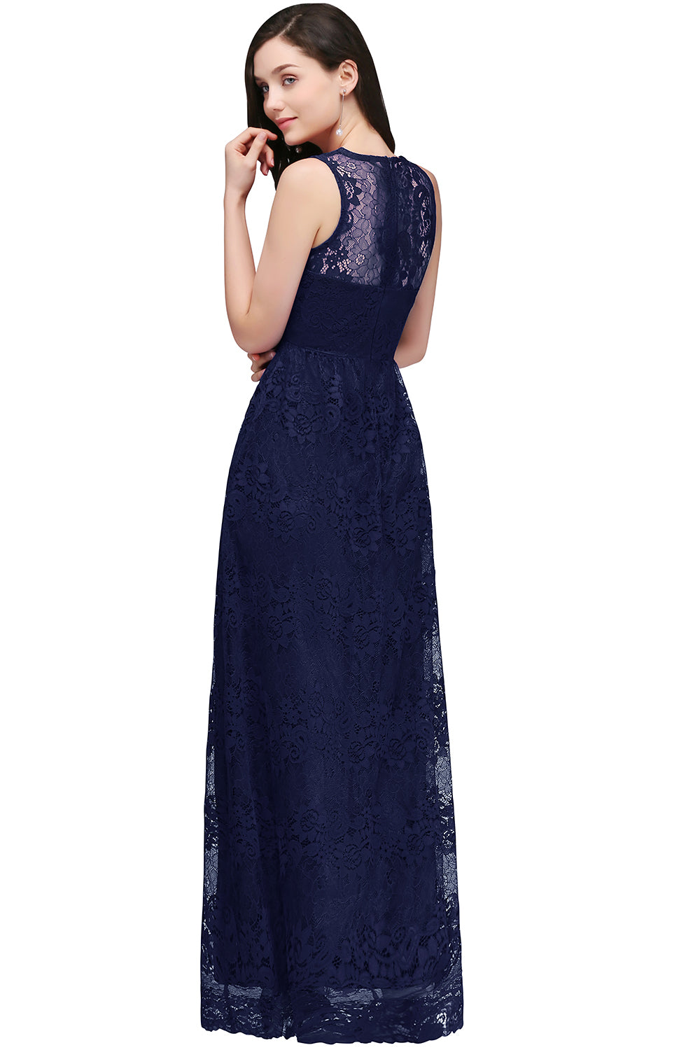 Long A Line Lace V Neck Sleveless Floor Length Evening Dress - YESBABYONLINE