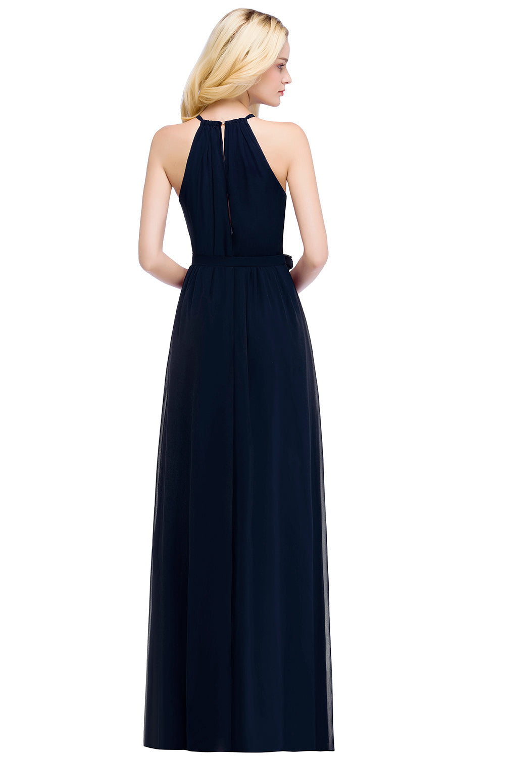 Long A line Halter Chiffon Ruffle Floor Length Bridesmaid Dress - YESBABYONLINE