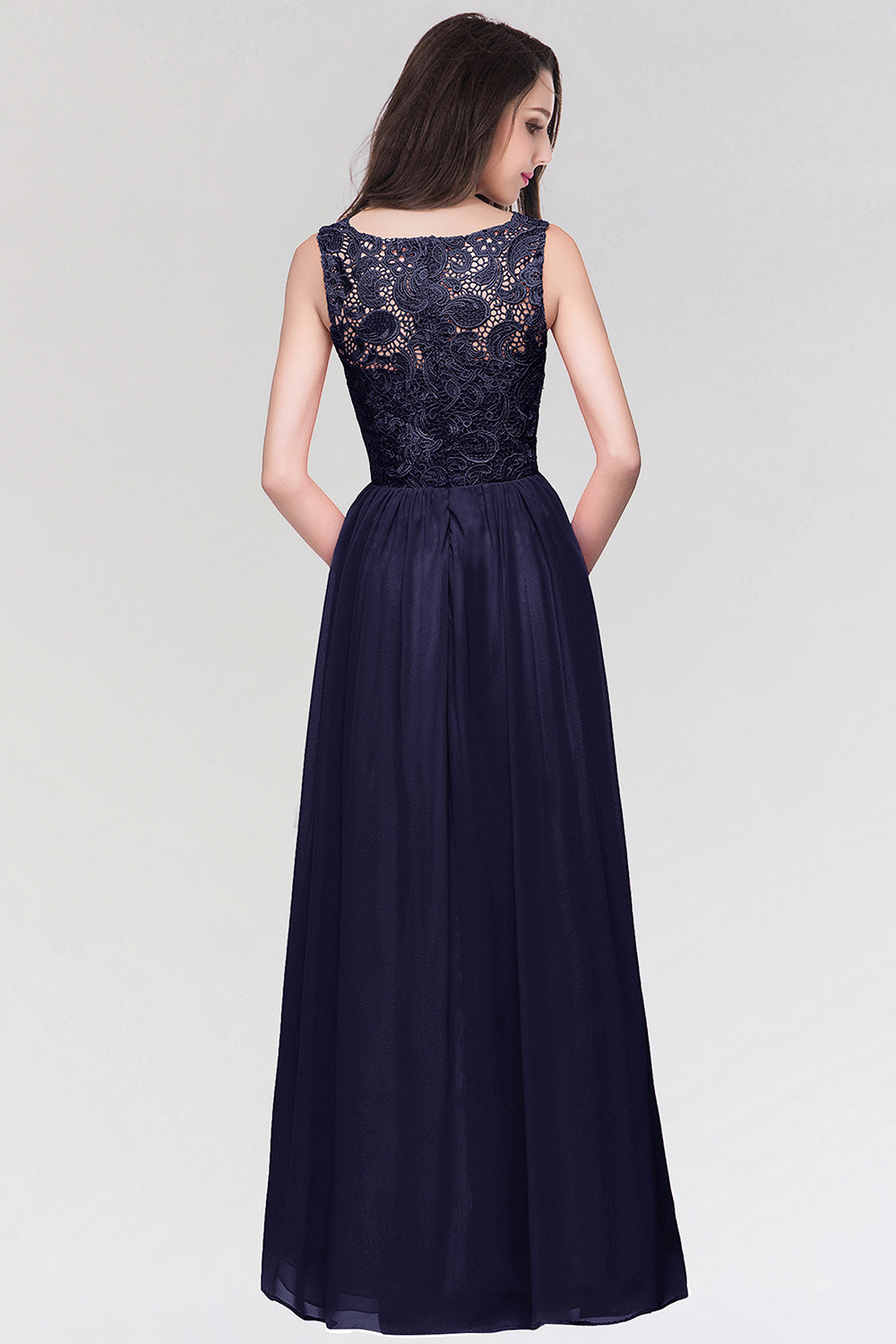 Long Chiffon Lace Sleeveless A Line Ruched Bridesmaid Dress - YESBABYONLINE