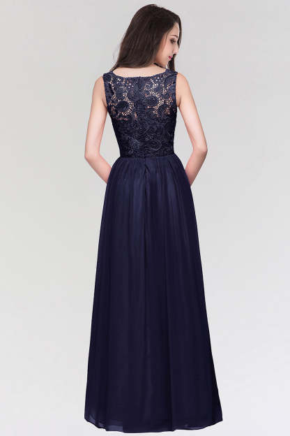 Long Chiffon Lace Sleeveless A Line Ruched Bridesmaid Dress - YESBABYONLINE