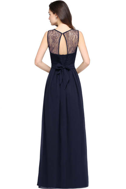 Long Off The Shoulder Round Neck Chiffon Bridesmaid Dress with Floral Lace and Ruffle - YESBABYONLINE