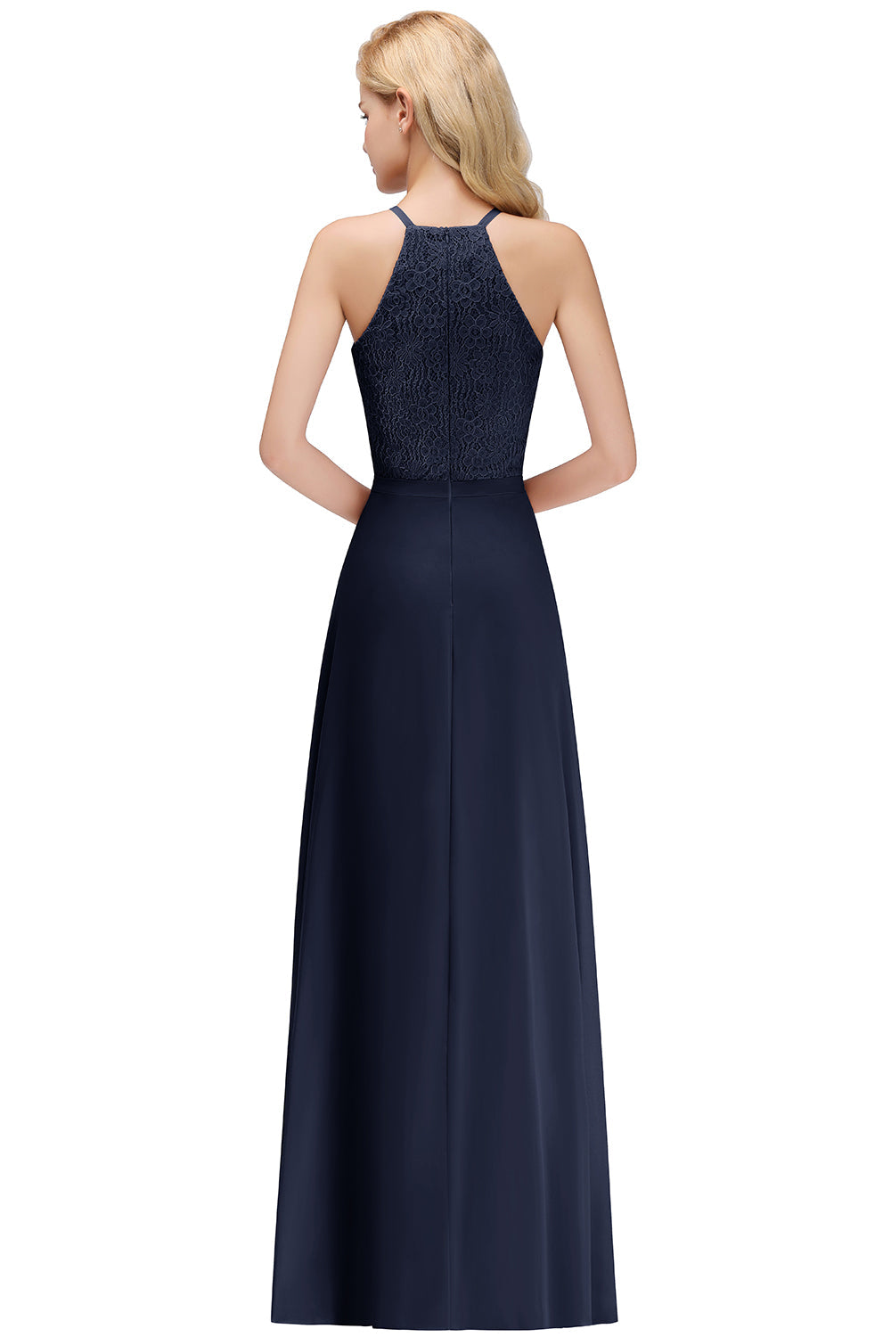 Long A Line Halter Floor Length Floral Lace Chiffon Evening Dress - YESBABYONLINE