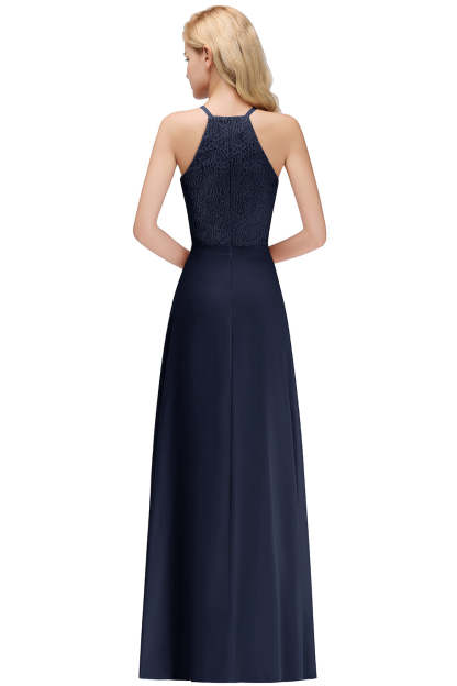 Long A Line Halter Floor Length Floral Lace Chiffon Evening Dress - YESBABYONLINE