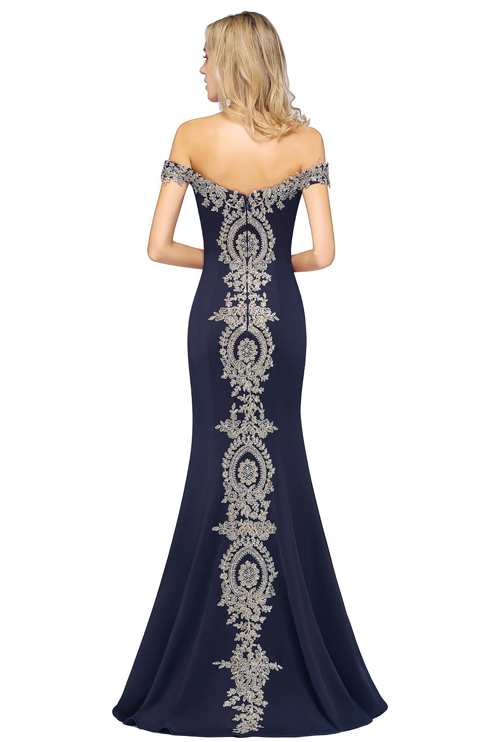 Long Off-the-Shoulder Floor Length Mermaid Evening Dress with Gold Appliques - YESBABYONLINE
