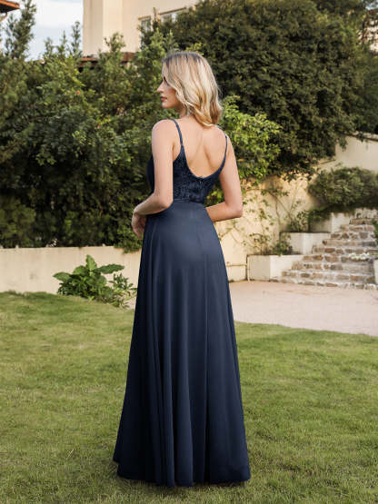 Long V-neck Backless Satin A-line Bridesmaid Dresses - YESBABYONLINE