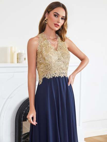 Long A Line Halter Gold Appliques Chiffon Wedding Party Dress - YESBABYONLINE