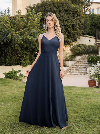 Long V-neck Backless Satin A-line Bridesmaid Dresses - YESBABYONLINE