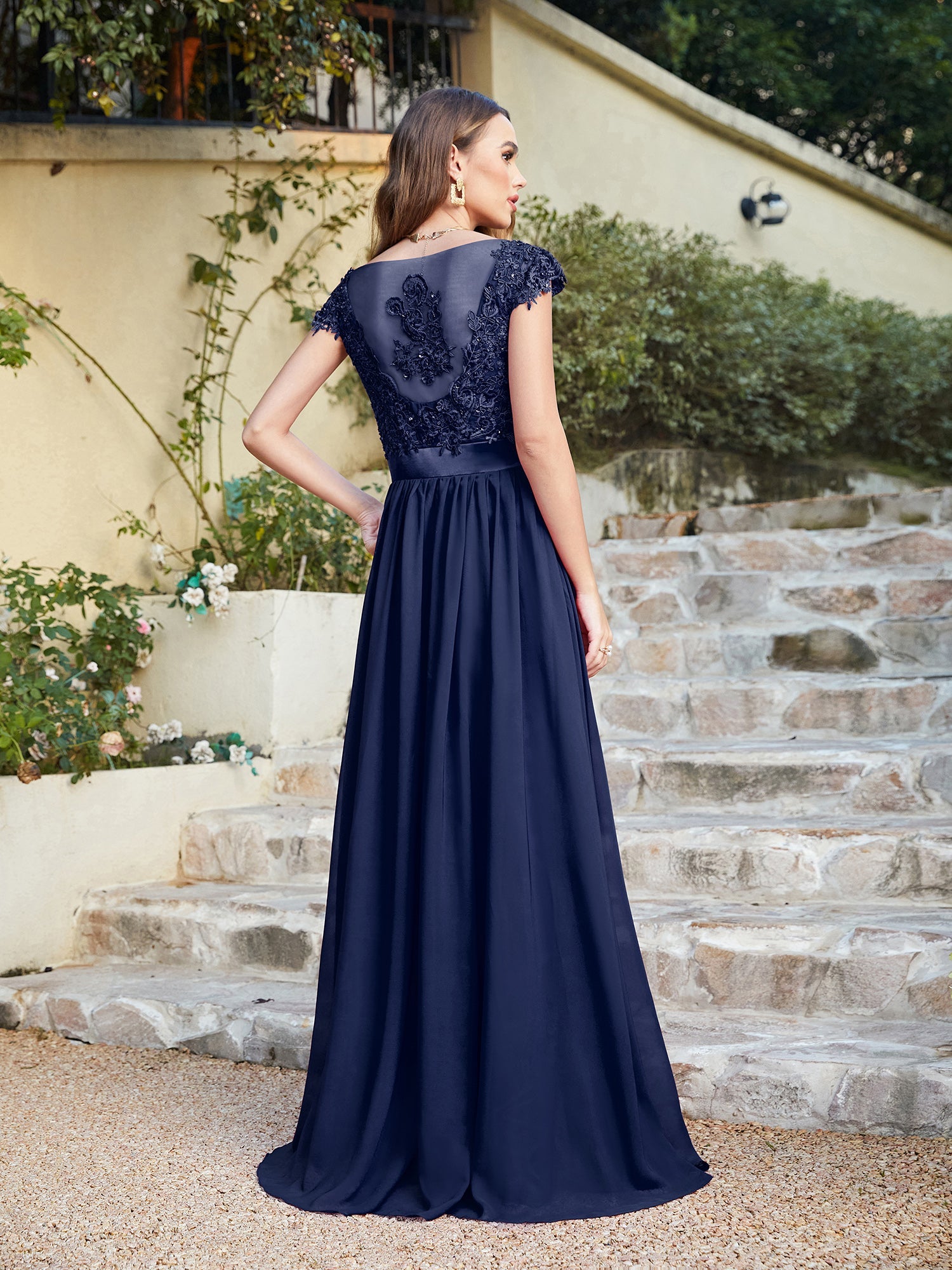 Long A line Scoop Neck Chiffon Floor Length Dress Lace Bridesmaid Dress - YESBABYONLINE