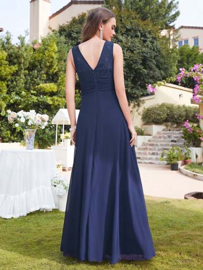 Long A line Sleeveless Scoop Neck Ruffle Chiffon Bridesmaid Dresses - YESBABYONLINE