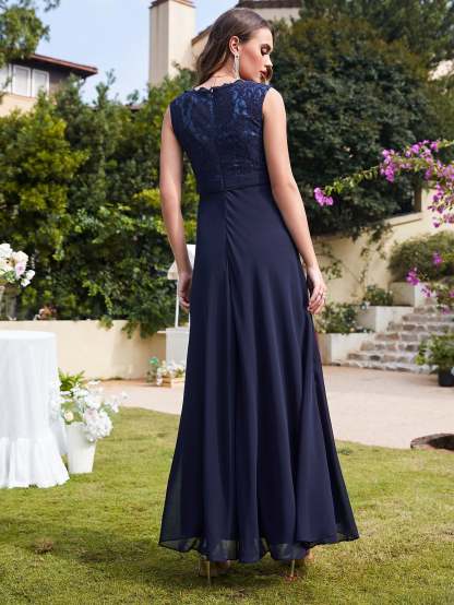 Long A Line Floral Lace Floor Length Sleeveless Chiffon Bridesmaid Dress - YESBABYONLINE