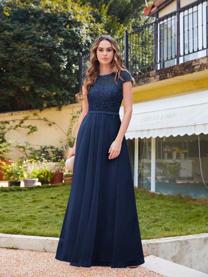 Long A line Evening Dress Scoop Neck Tulle Bridesmaid Dresses - YESBABYONLINE