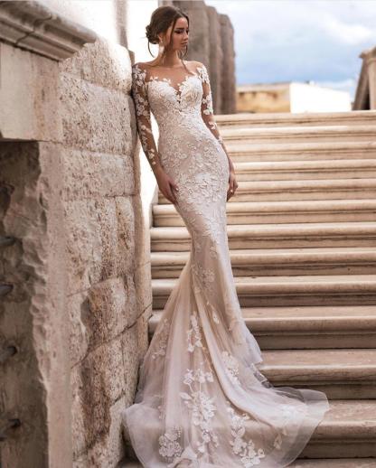 Detachable Train Mermaid White Long Tulle Appliques Lace Wedding Dress 