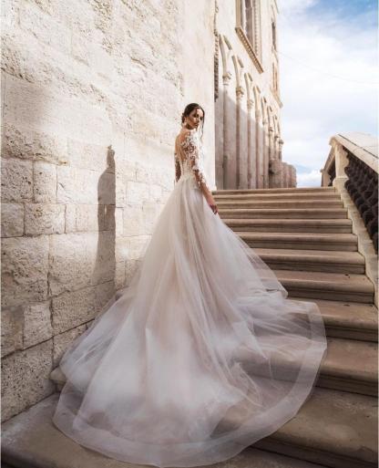 Detachable Train Mermaid White Long Tulle Appliques Lace Wedding Dress 